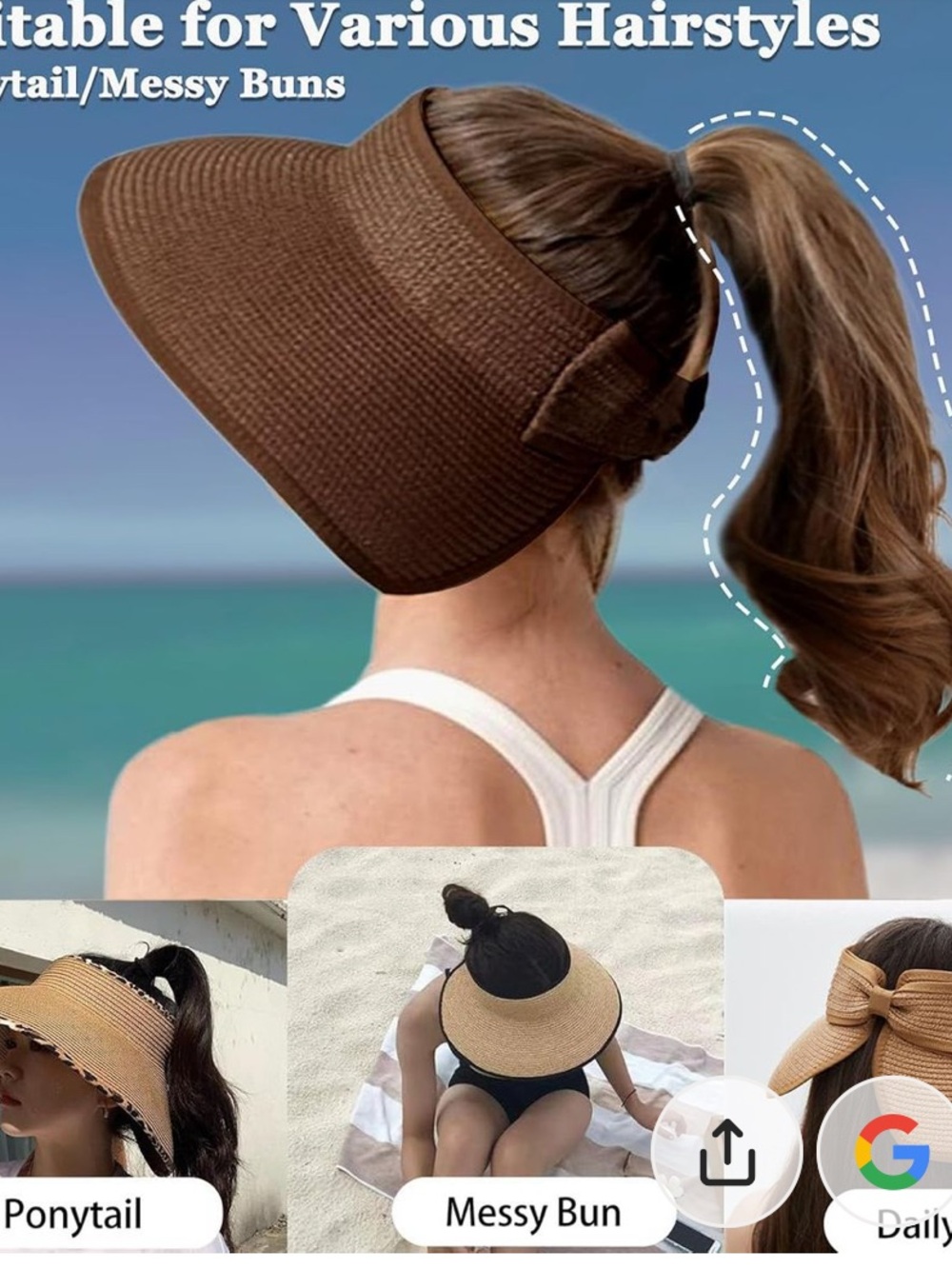 Beige Wide-Brim Sun Visor Straw Hat for Women - Foldable Ponytail Design